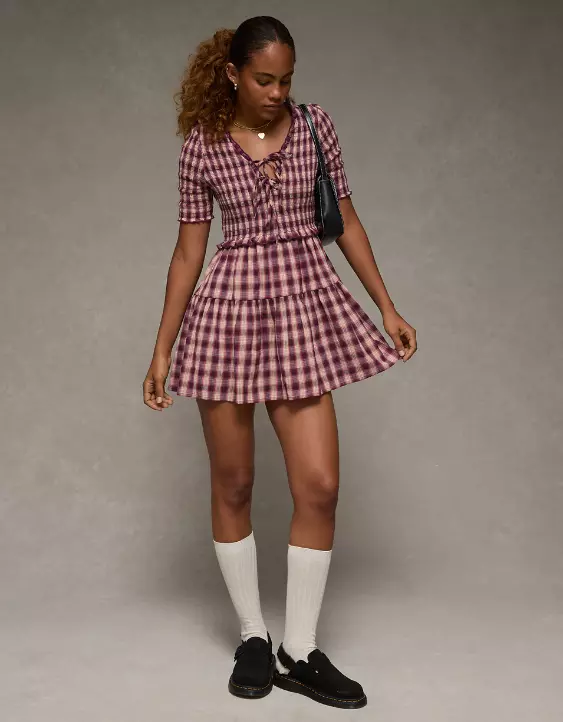 AE Puff Sleeve Tie Front Plaid Mini Dress - Image 5
