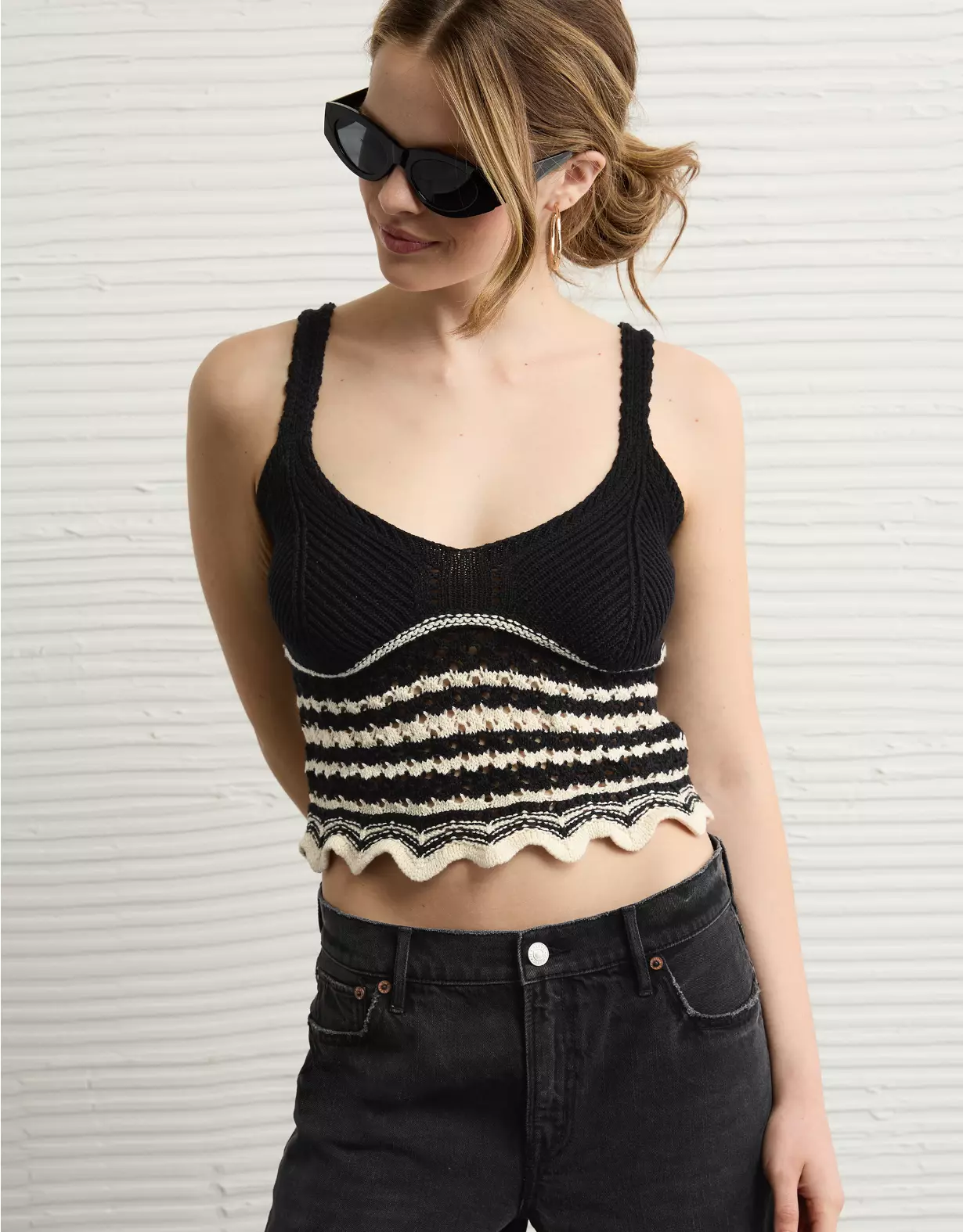 AE V-Neck Pointelle Striped Tank Top